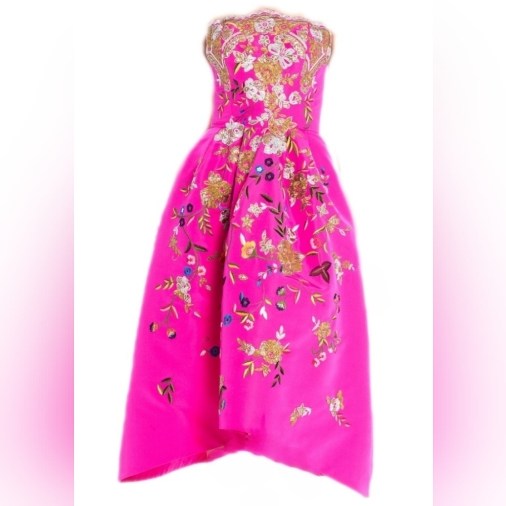 $8,000 OSCAR DE LA RENTA SILK PINK GOLD SILVER BEAD EMBR RUNWAY DRESS XL